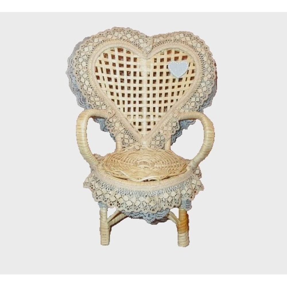 Vtg Wicker Peacock Chair 11" Lace Heart Bear Plant Doll Display Country Décor